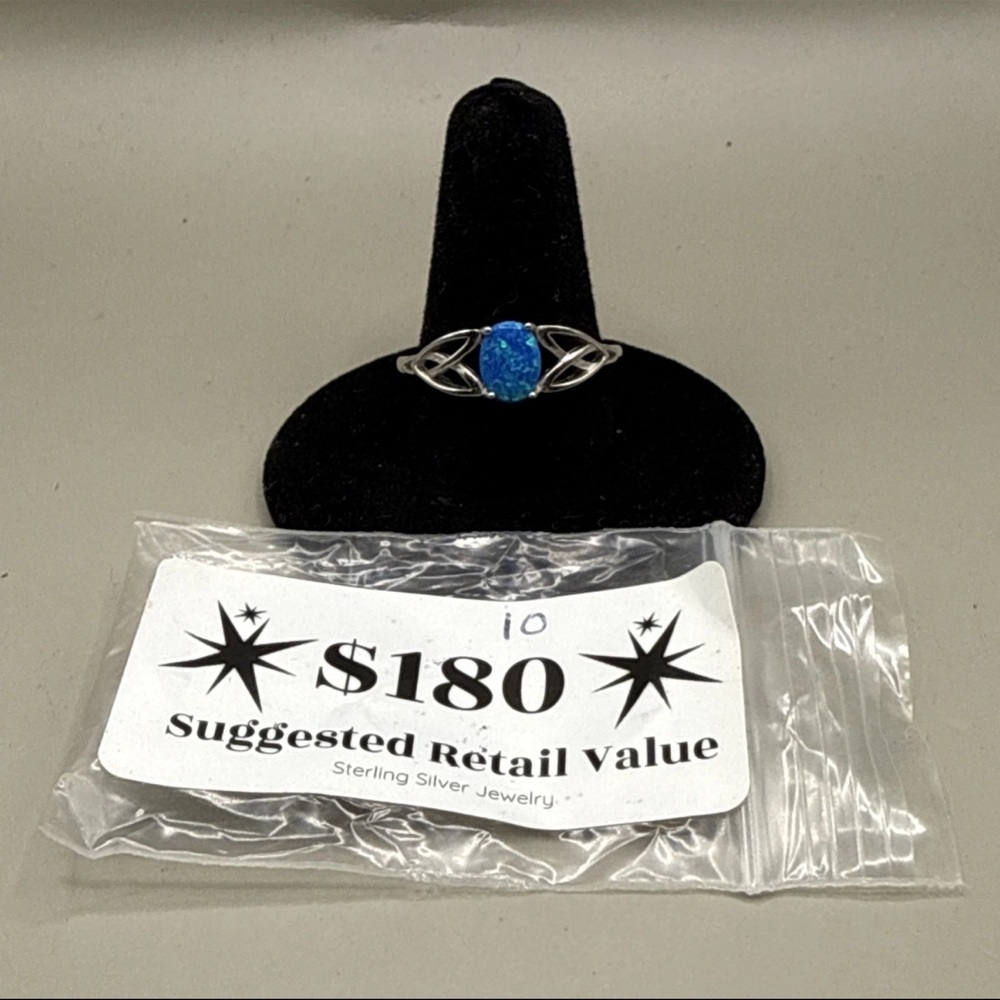 Size 10 Bella Fizz lab created blue fire opal ring - .925 sterling silver band